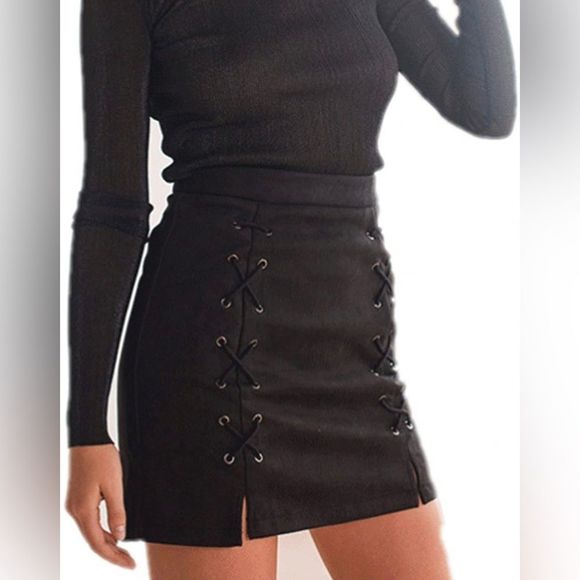 No Brand Dresses & Skirts - High Waist Lace Up Bodycon Faux Suede A Line Mini Pencil Skirt